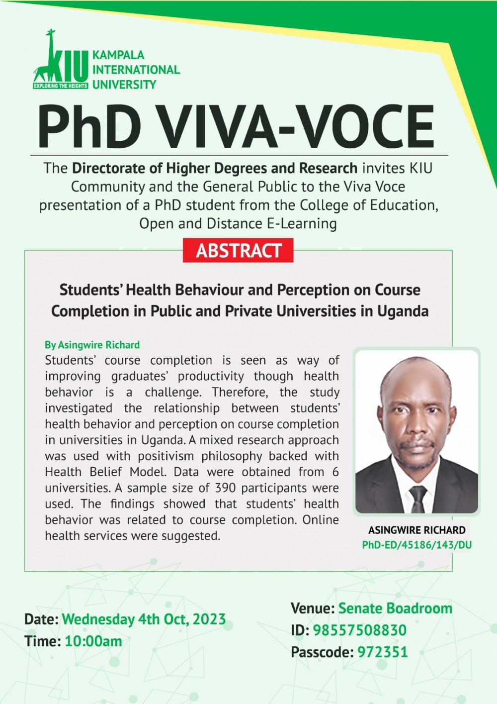 Directorate of Higher Degrees and Research to Hold PhD Viva Voce on October 4th, 2023
