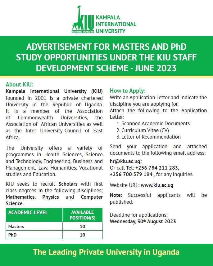 Advertisement For Masters And Phd Study Opportunities Under The Kiu Staff Development Scheme - June 2023