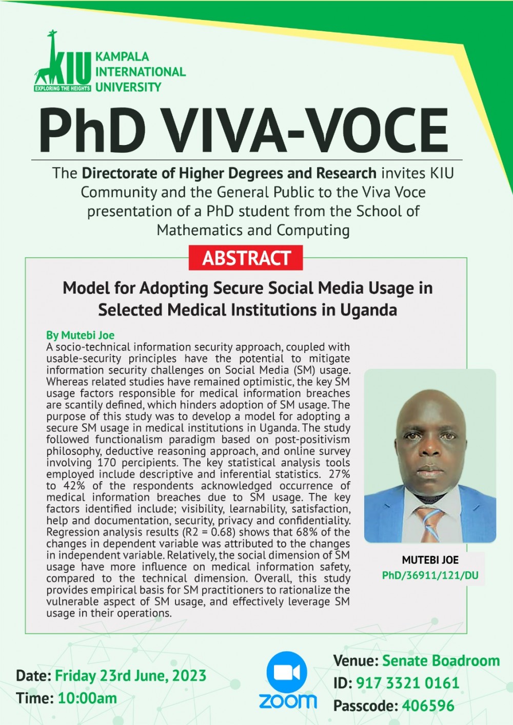 Directorate Of Higher Degrees And Research To Hold Phd Viva Voce On June 23rd, 2023