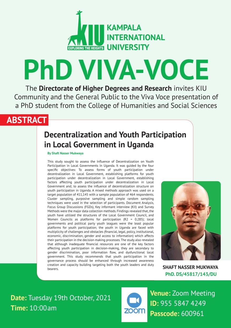 Kiu Phd Student To Present A Viva Voce On Decentralization & Youth Participation In Local Government