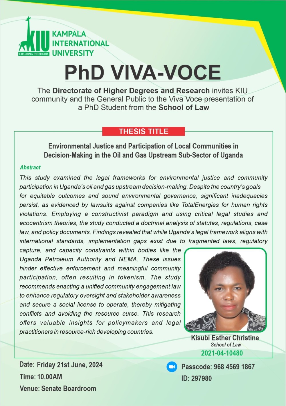 KIU to Host PhD Viva Voce Presentation on Environmental Justice and Community Participation in Uganda’s Oil and Gas Sector